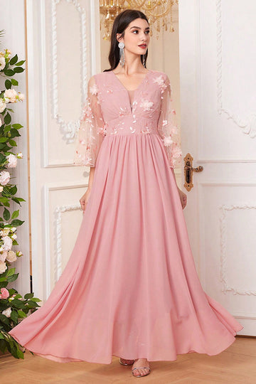 Blush Pink Chiffon A Line Long Sleeves Mother Of The Bride Dress With Flowers